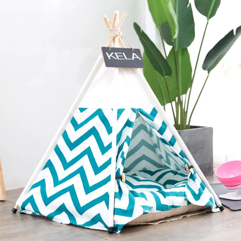 Canvas pet tent in black stripes with cushion mat, small size 40x40x50cm