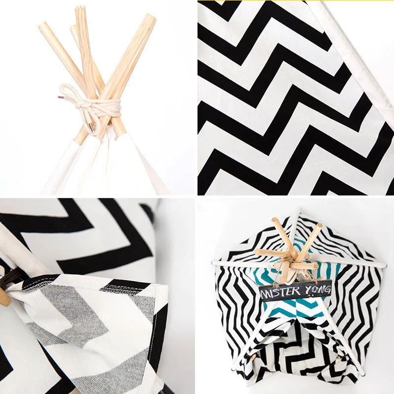 Canvas pet tent in black stripes with cushion mat, small size 40x40x50cm