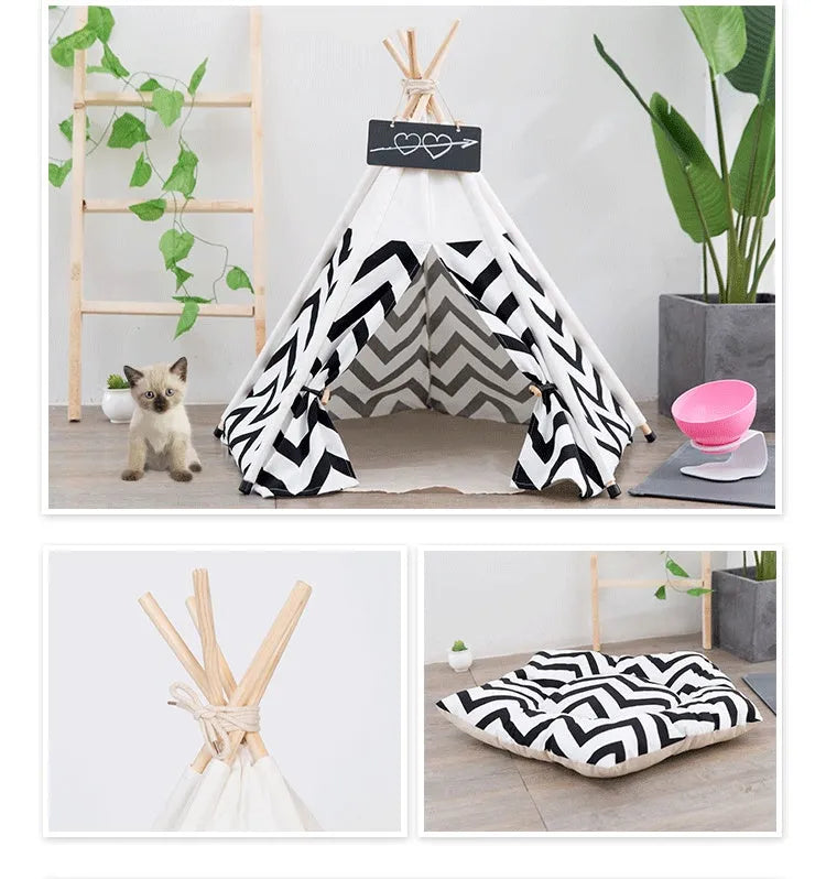 Canvas pet tent in black stripes with cushion mat, small size 40x40x50cm