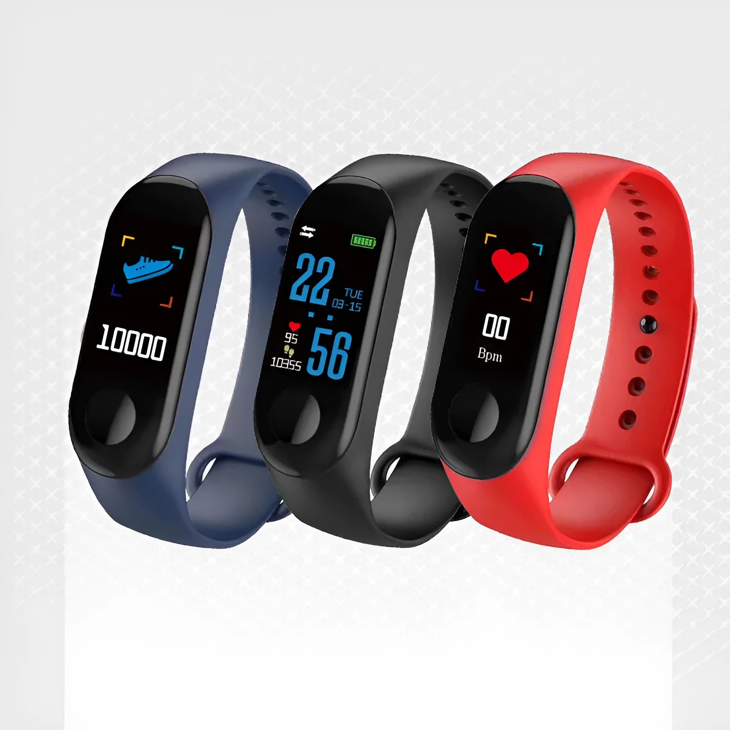M3 smart bracelet with colour screen showing heart rate data, on a black TPE wristband.