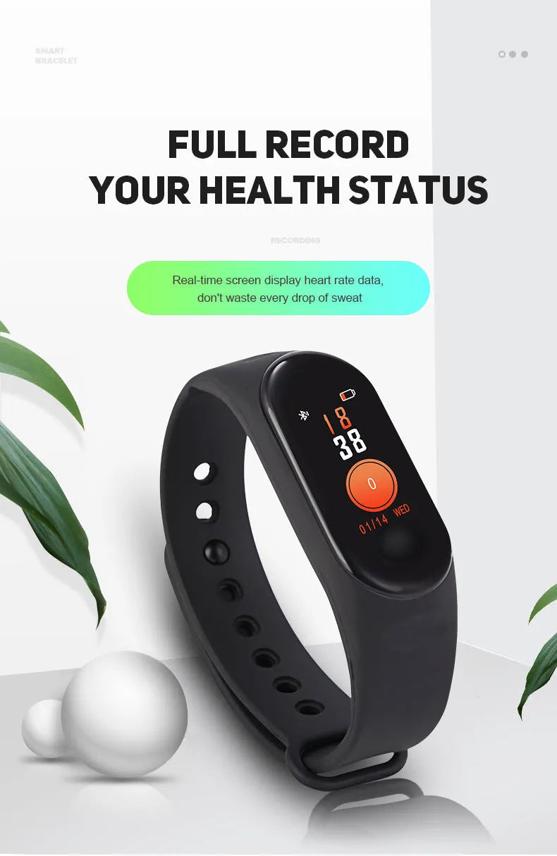 M3 smart bracelet with colour screen showing heart rate data, on a black TPE wristband.