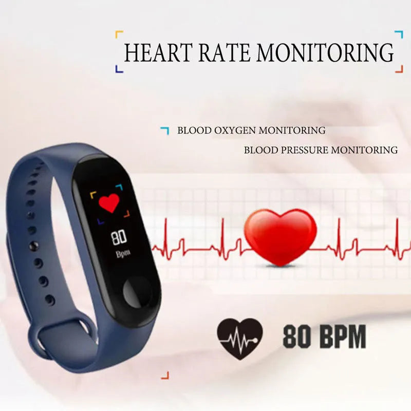 M3 smart bracelet with colour screen showing heart rate data, on a black TPE wristband.