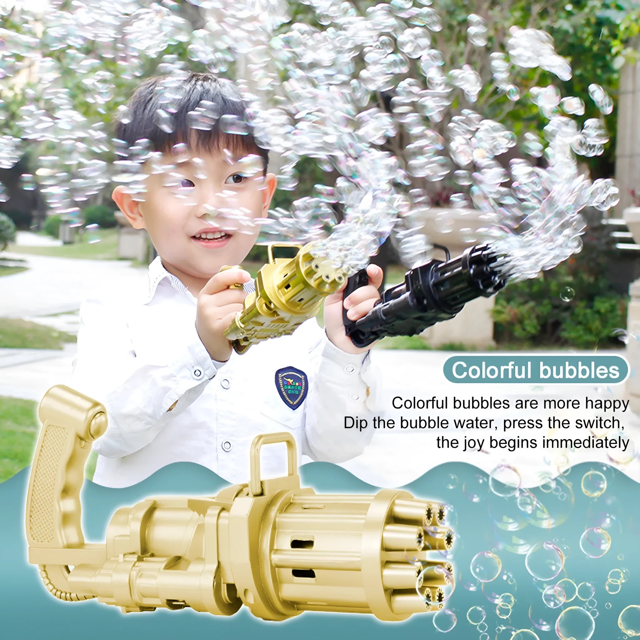 Kids bubble machine gun toy in pink, gold, or black, showing battery compartment and bubble solution sink.