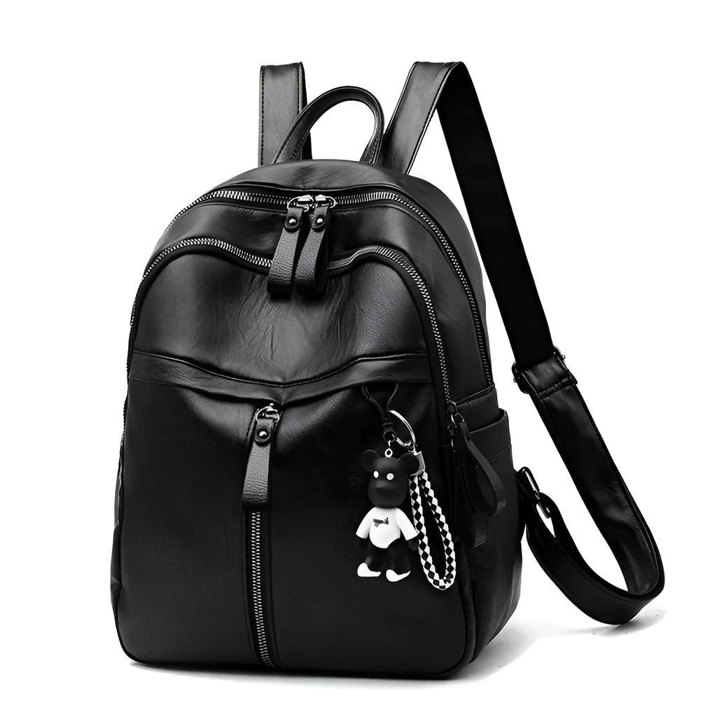 Black PU leather backpack with soft surface showing ID compartment and double luggage straps
