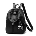 Black PU leather backpack with soft surface showing ID compartment and double luggage straps