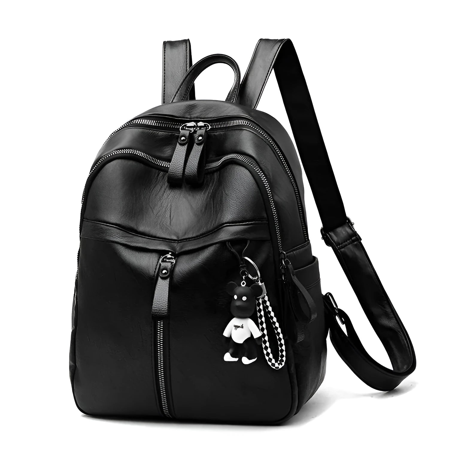 Black PU leather backpack with soft surface showing ID compartment and double luggage straps