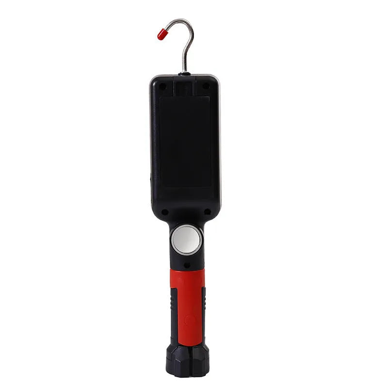 Red portable COB rechargeable flashlight with magnetic base, shown with USB charging cable.