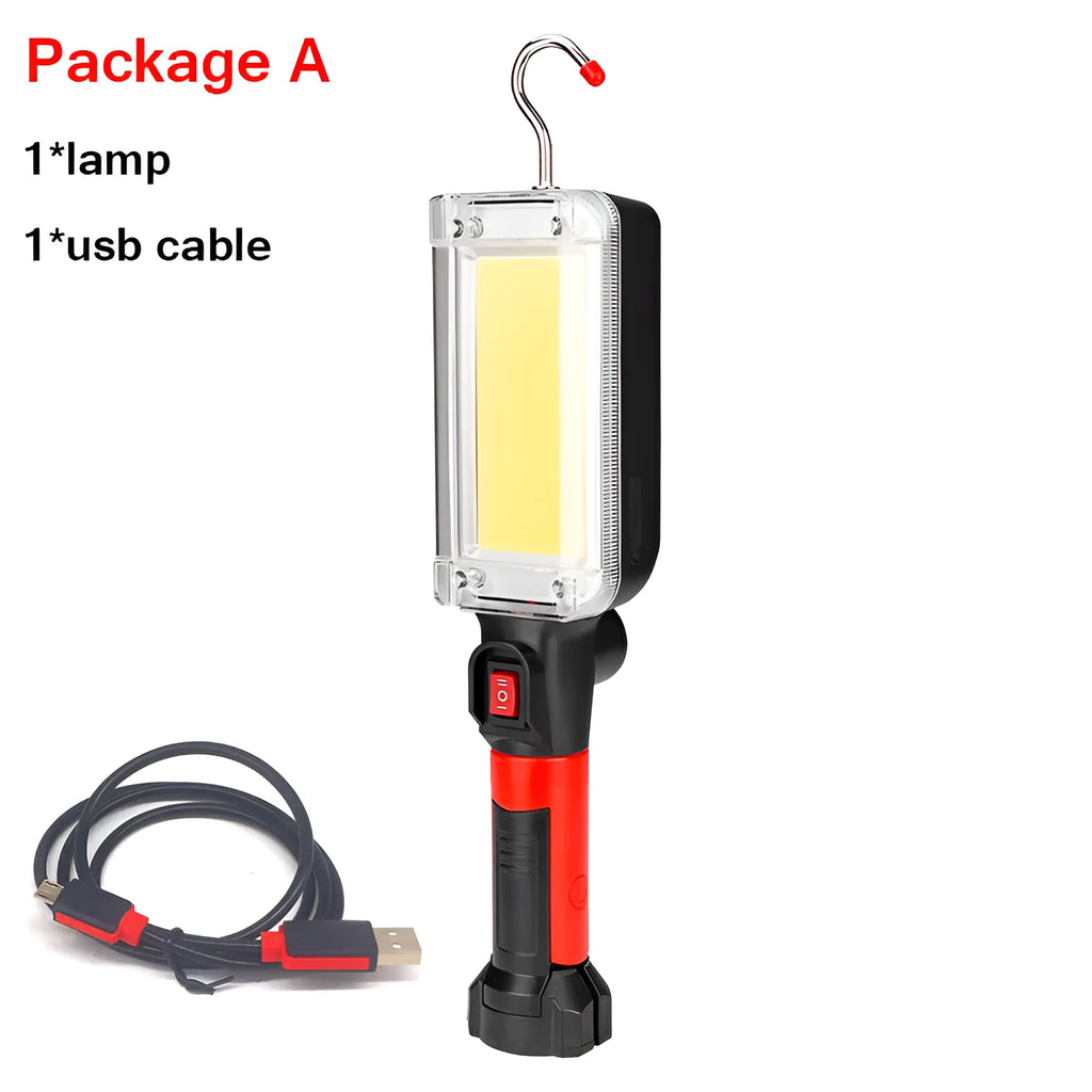 Red portable COB rechargeable flashlight with magnetic base, shown with USB charging cable.