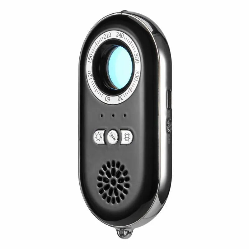 Compact black wireless signal detector measuring 85mm with vibration alarm for travel security