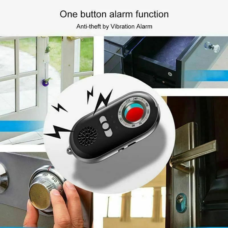Compact black wireless signal detector measuring 85mm with vibration alarm for travel security