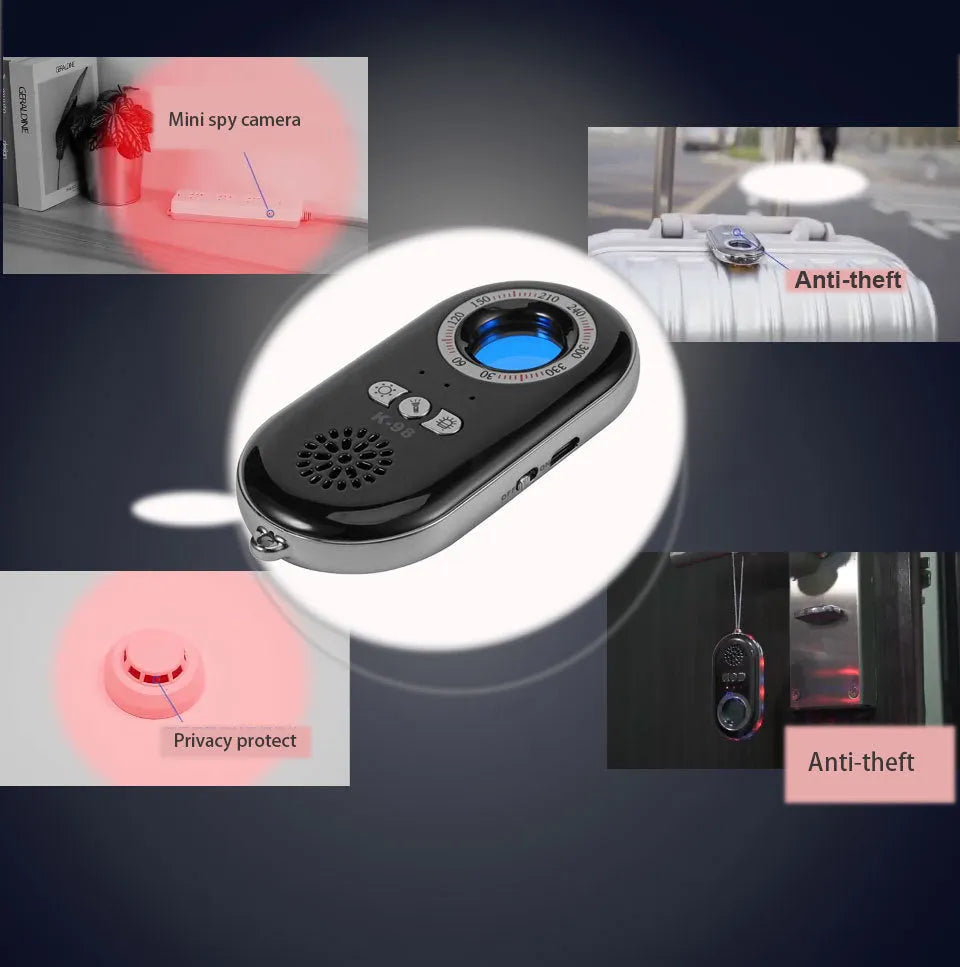 Compact black wireless signal detector measuring 85mm with vibration alarm for travel security