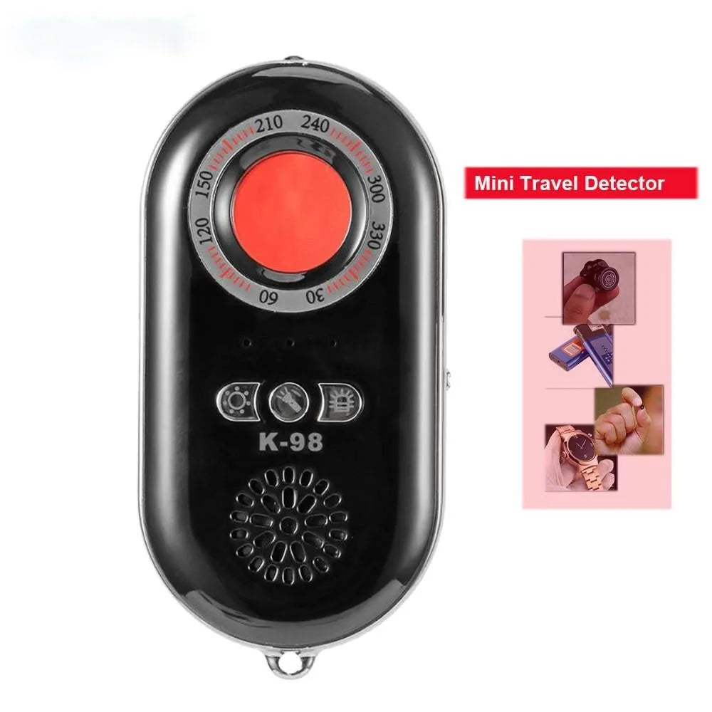 Compact black wireless signal detector measuring 85mm with vibration alarm for travel security