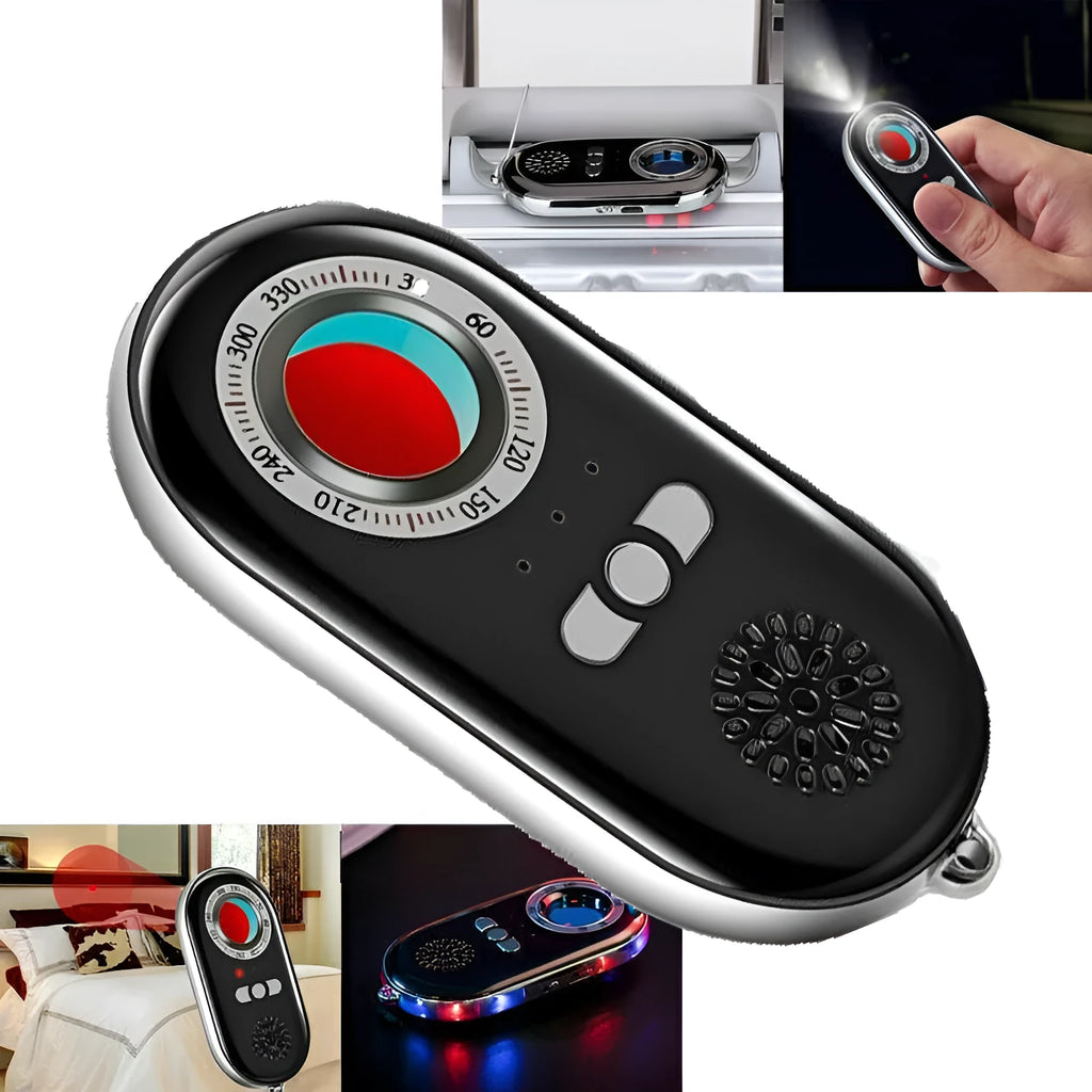 Compact black wireless signal detector measuring 85mm with vibration alarm for travel security