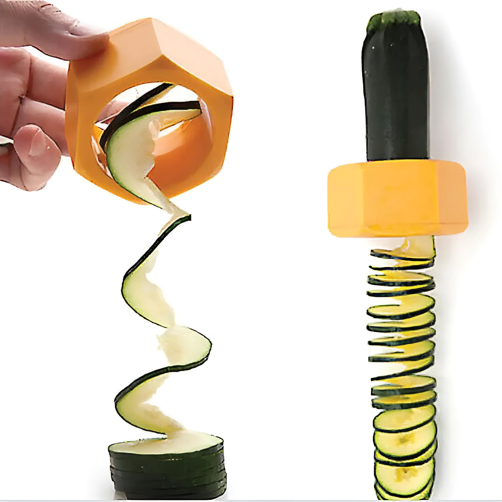 Yellow and green plastic spiral vegetable cutter for slicing cucumbers.