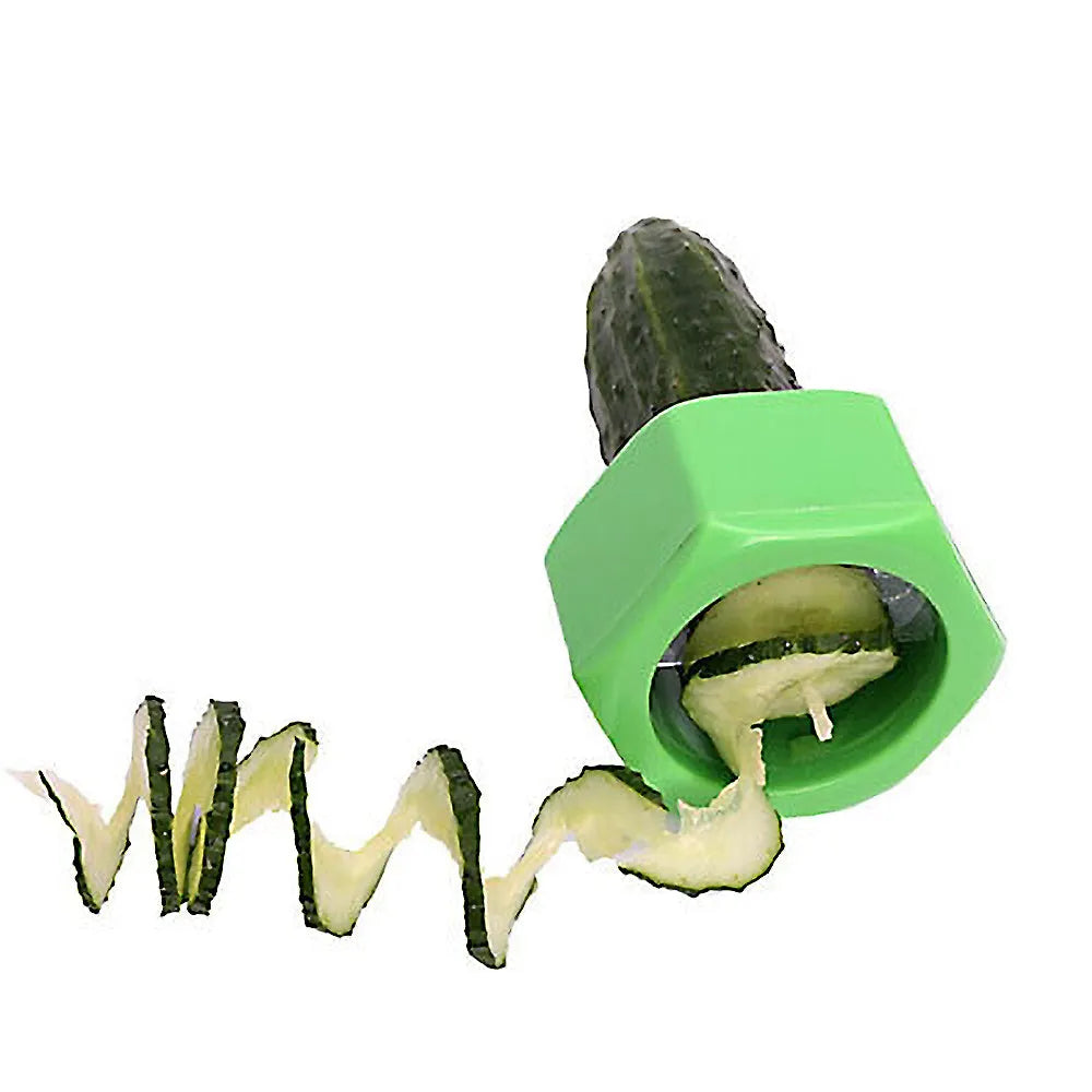 Yellow and green plastic spiral vegetable cutter for slicing cucumbers.