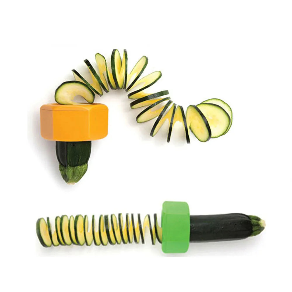 Yellow and green plastic spiral vegetable cutter for slicing cucumbers.