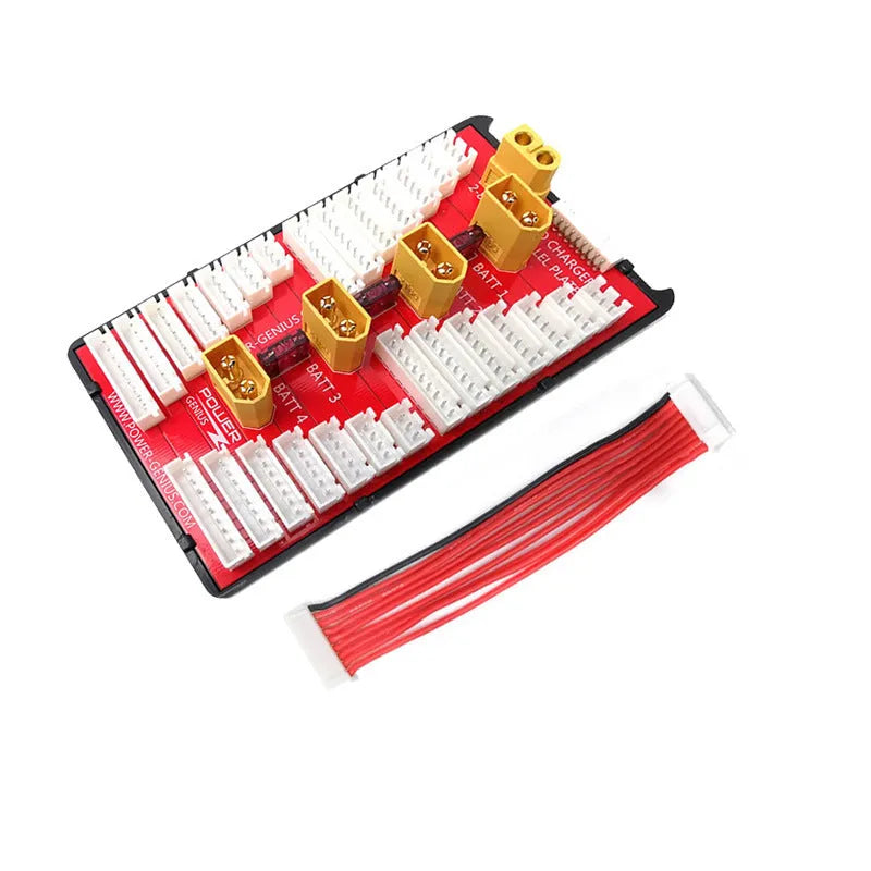 V2 parallel charging board for RC LiPo batteries with multiple T plug and balance ports.