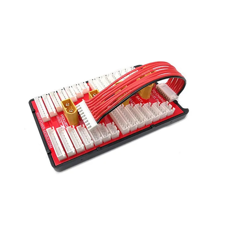 V2 parallel charging board for RC LiPo batteries with multiple T plug and balance ports.