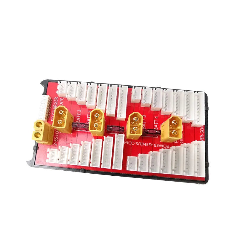 V2 parallel charging board for RC LiPo batteries with multiple T plug and balance ports.