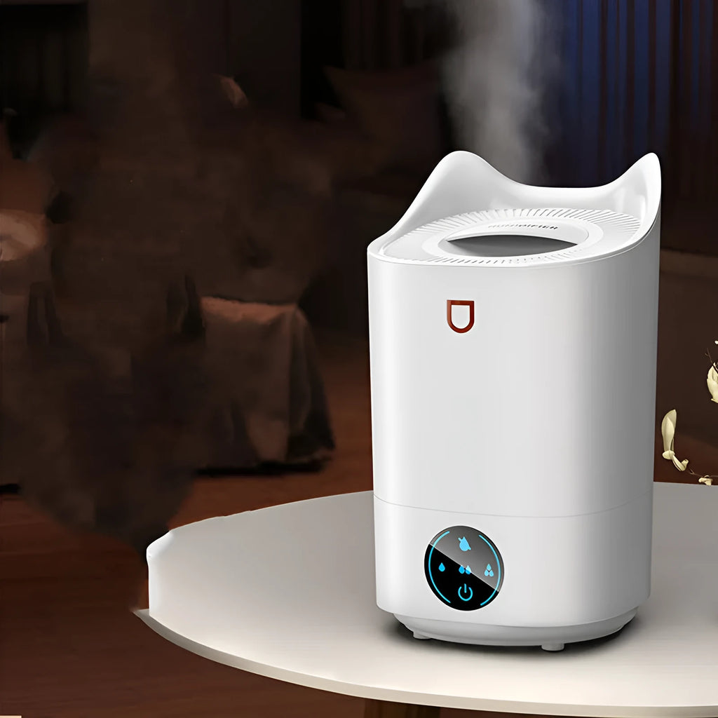 Double spray humidifier with three mist outlets in coral pink or glacier white colour