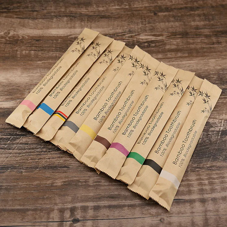 10-piece bamboo toothbrush set with charcoal bristles in multiple colours