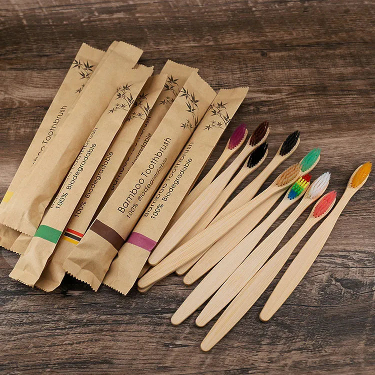 10-piece bamboo toothbrush set with charcoal bristles in multiple colours