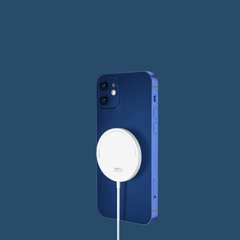 Black and white wireless phone charger with magnetic bracket showing Type-C port and charging surface