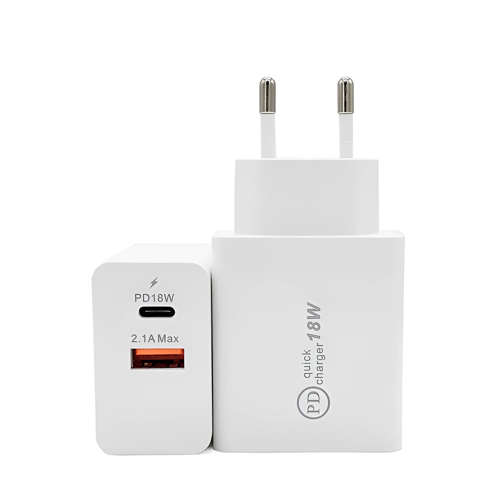 18W USB-C PD fast charger in black or white with US or EU plug options