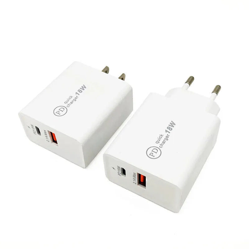 18W USB-C PD fast charger in black or white with US or EU plug options
