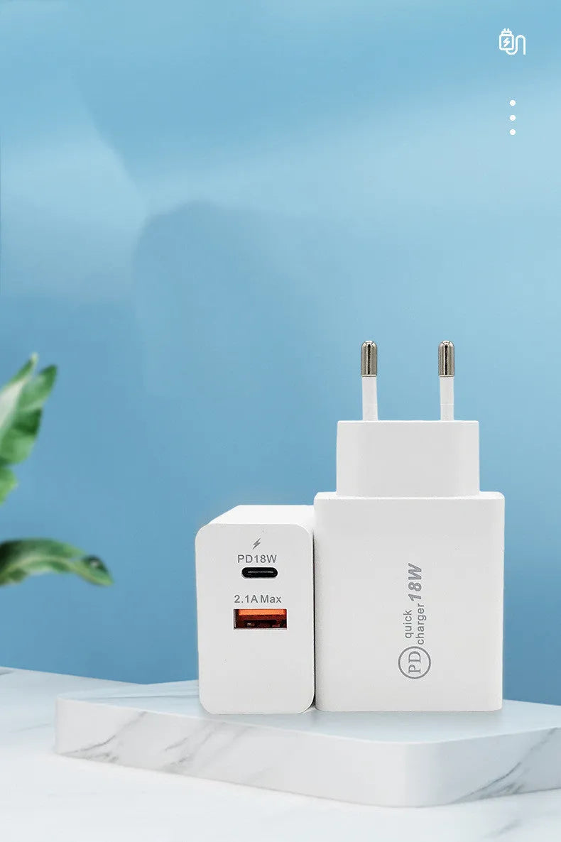 18W USB-C PD fast charger in black or white with US or EU plug options