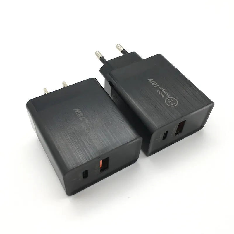 18W USB-C PD fast charger in black or white with US or EU plug options