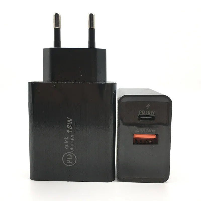 18W USB-C PD fast charger in black or white with US or EU plug options