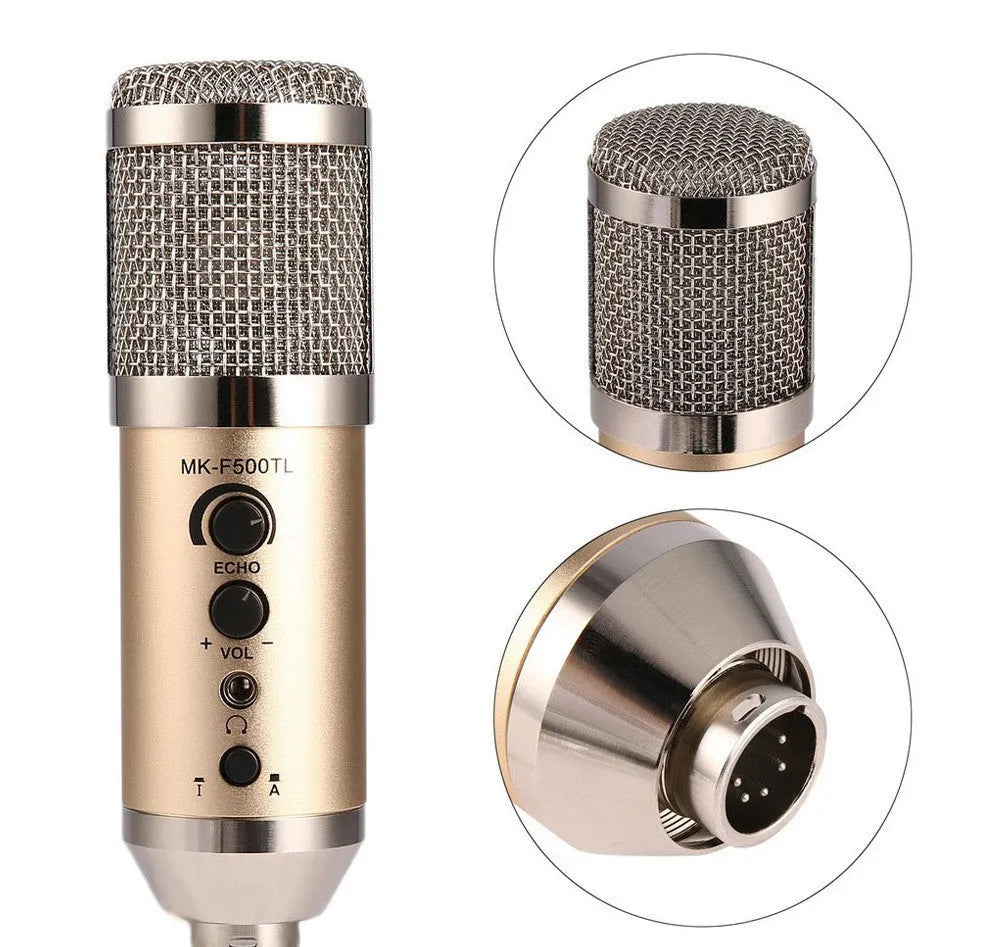 Gold wireless condenser microphone with integrated stand for mobile phones and computers