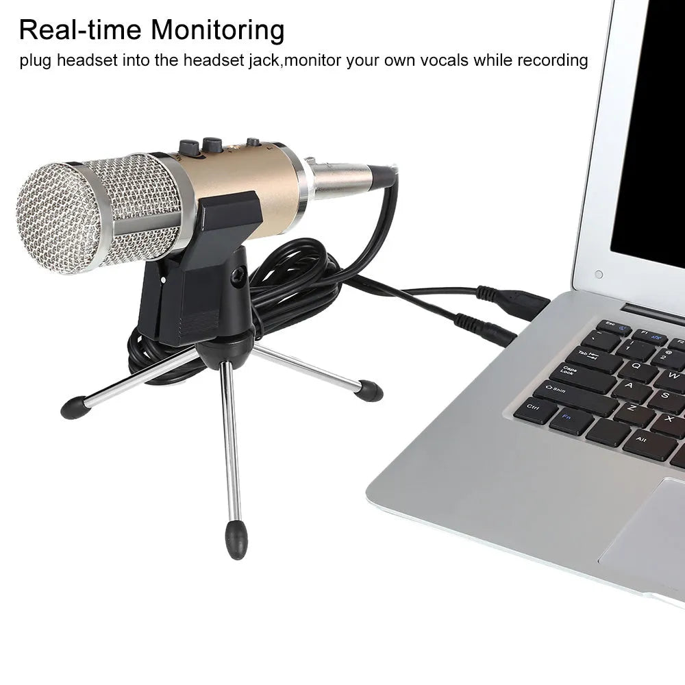 Gold wireless condenser microphone with integrated stand for mobile phones and computers