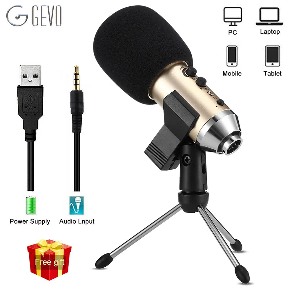 Gold wireless condenser microphone with integrated stand for mobile phones and computers