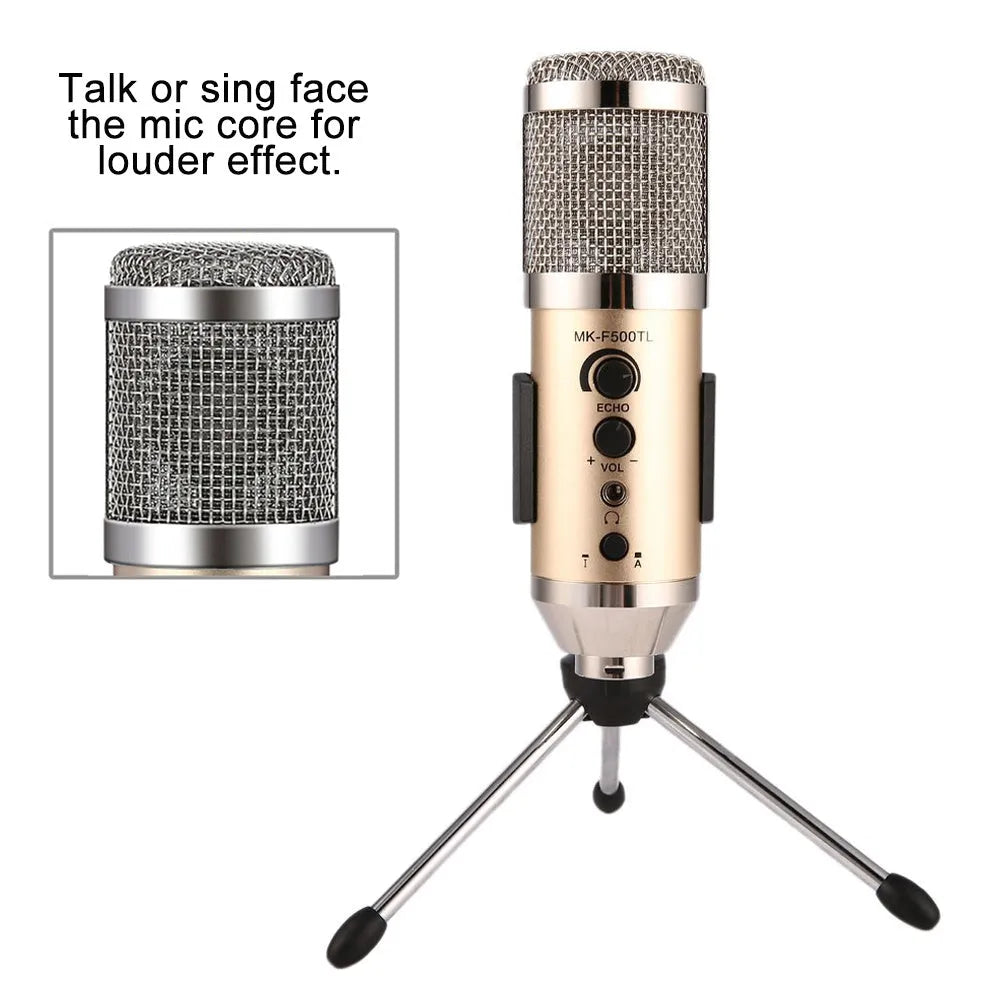 Gold wireless condenser microphone with integrated stand for mobile phones and computers