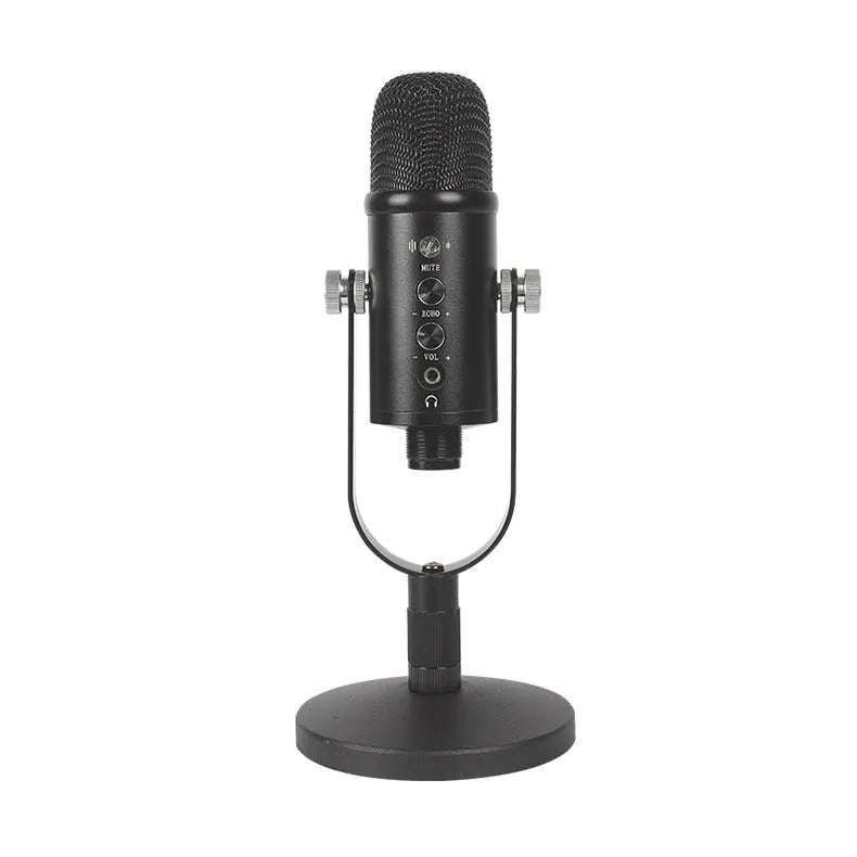 Black USB condenser microphone on metal stand with sponge cover
