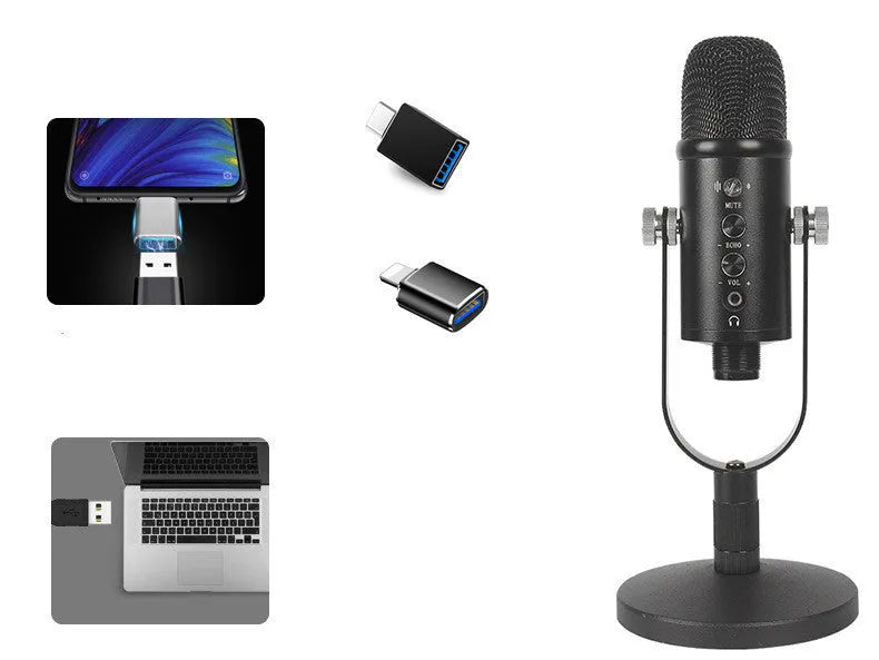 Black USB condenser microphone on metal stand with sponge cover