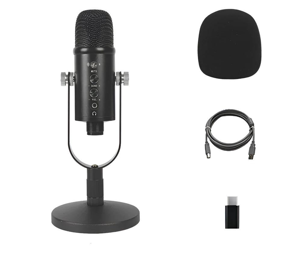 Black USB condenser microphone on metal stand with sponge cover