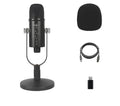 Black USB condenser microphone on metal stand with sponge cover