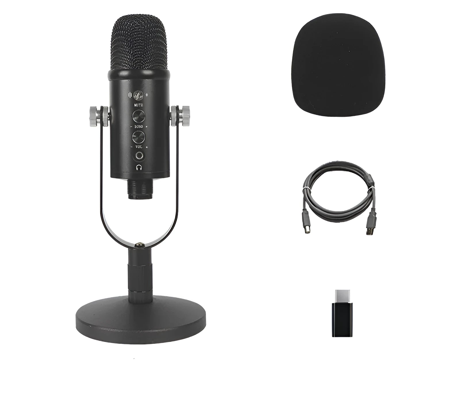 Black USB condenser microphone on metal stand with sponge cover