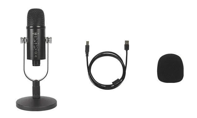 Black USB condenser microphone on metal stand with sponge cover