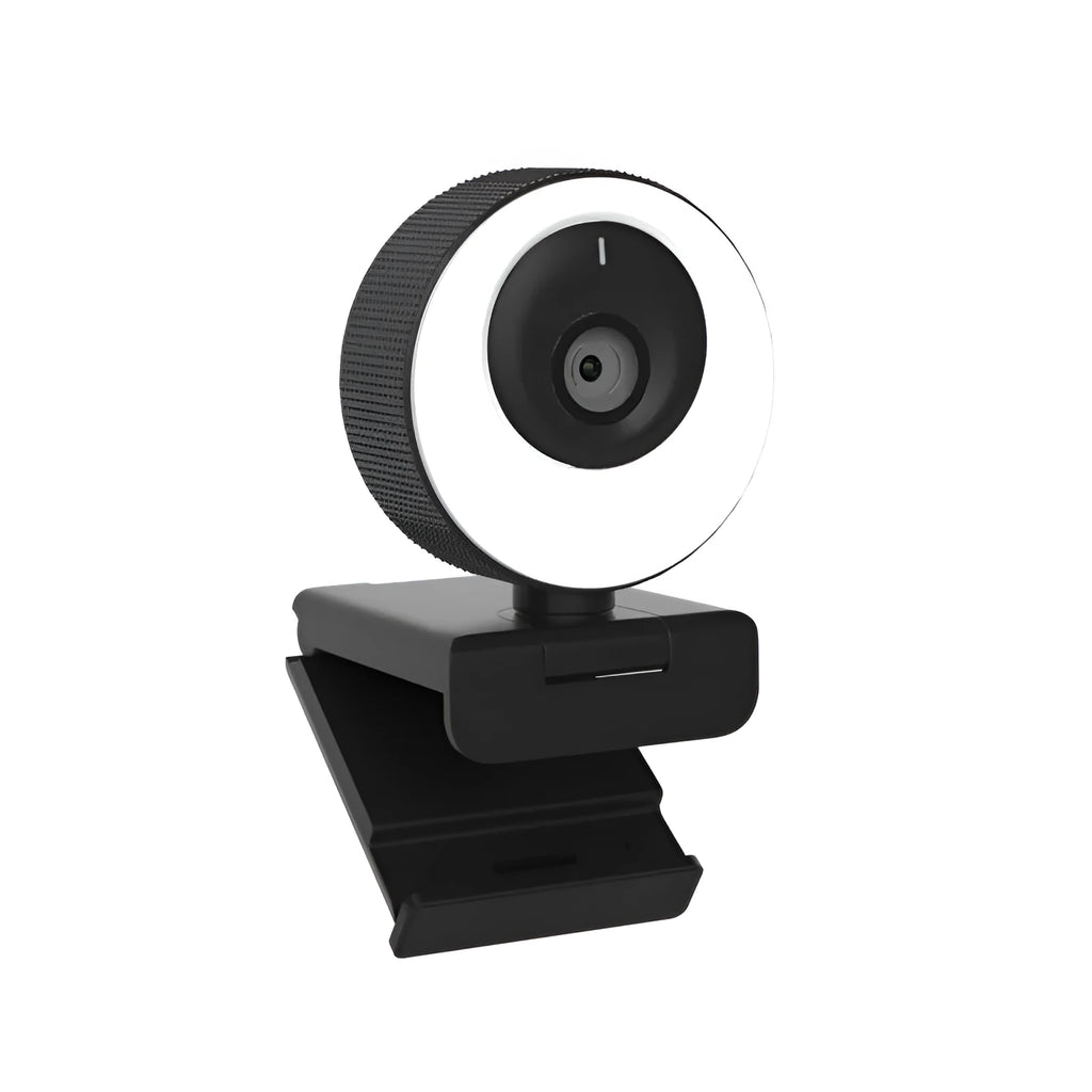 Black USB webcam on a desk with magnetic privacy cover and 1.7m cable