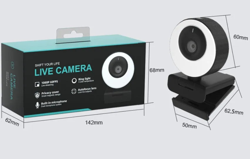 Black USB webcam on a desk with magnetic privacy cover and 1.7m cable