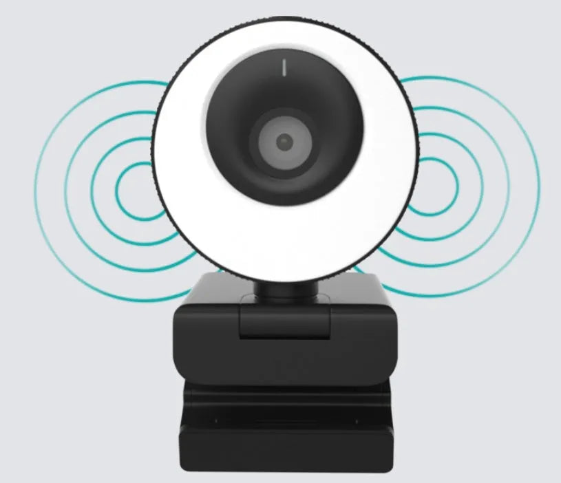 Black USB webcam on a desk with magnetic privacy cover and 1.7m cable