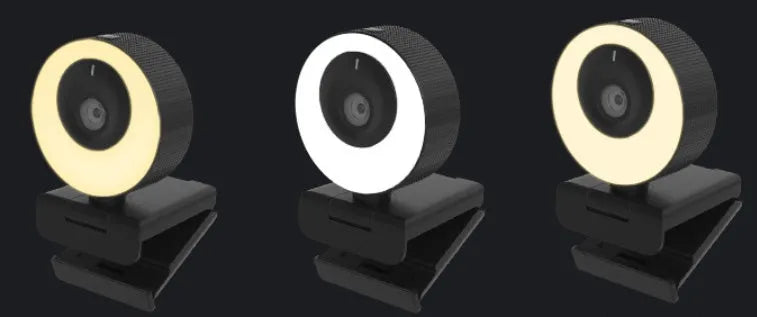 Black USB webcam on a desk with magnetic privacy cover and 1.7m cable
