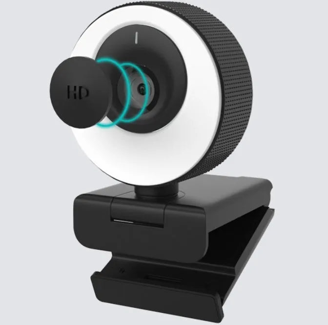 Black USB webcam on a desk with magnetic privacy cover and 1.7m cable