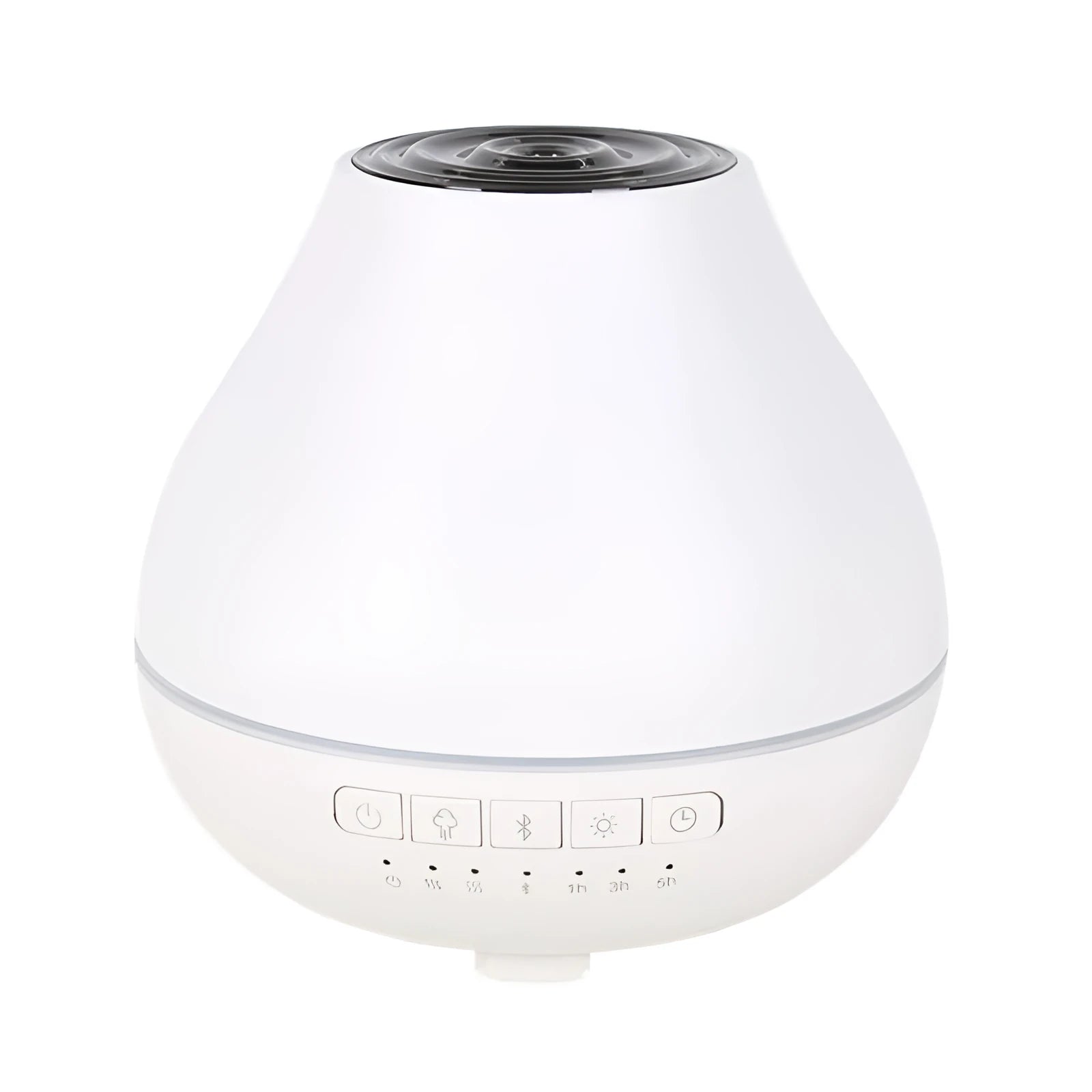 White circular Bluetooth humidifier and aroma diffuser with night light on a table.