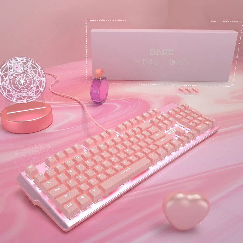 Pink mechanical keyboard and matching wired mouse set with green switches for gaming