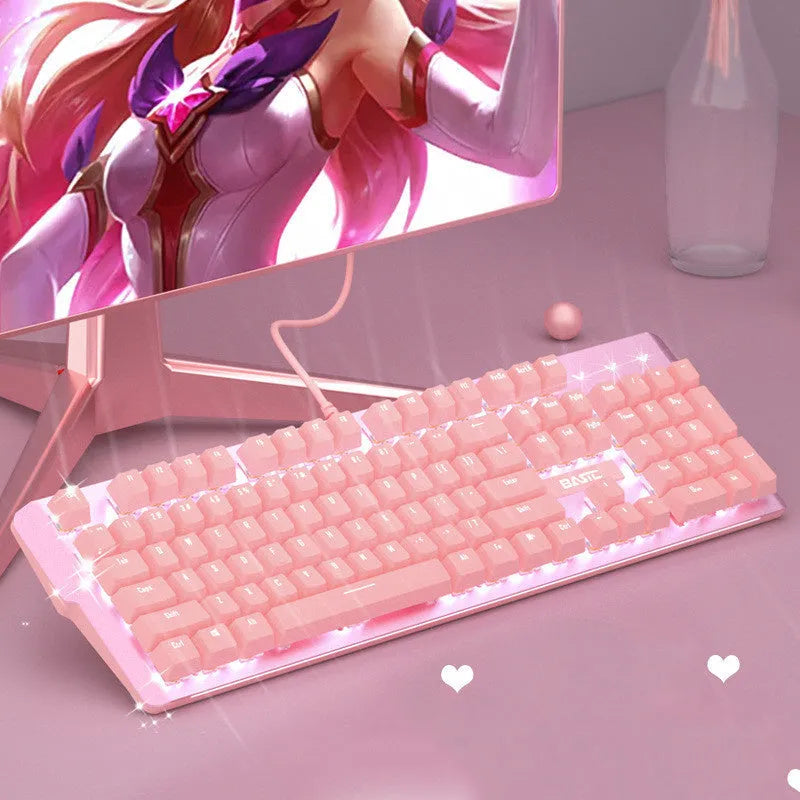 Pink mechanical keyboard and matching wired mouse set with green switches for gaming